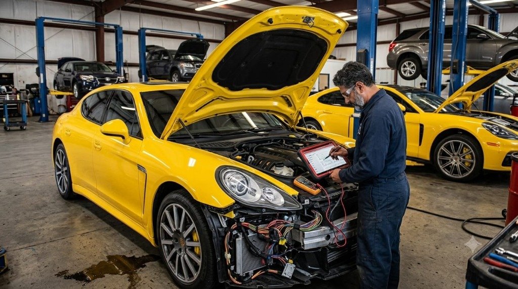 Technician testing electrical wiring harness & digital multimeter diagnostic scanner Qatar