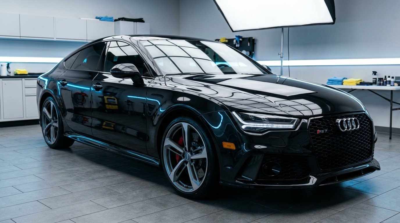 High Gloss Mirror Reflection Black Audi after Onyx Graphene Pure Coating Qatar ChromeTech