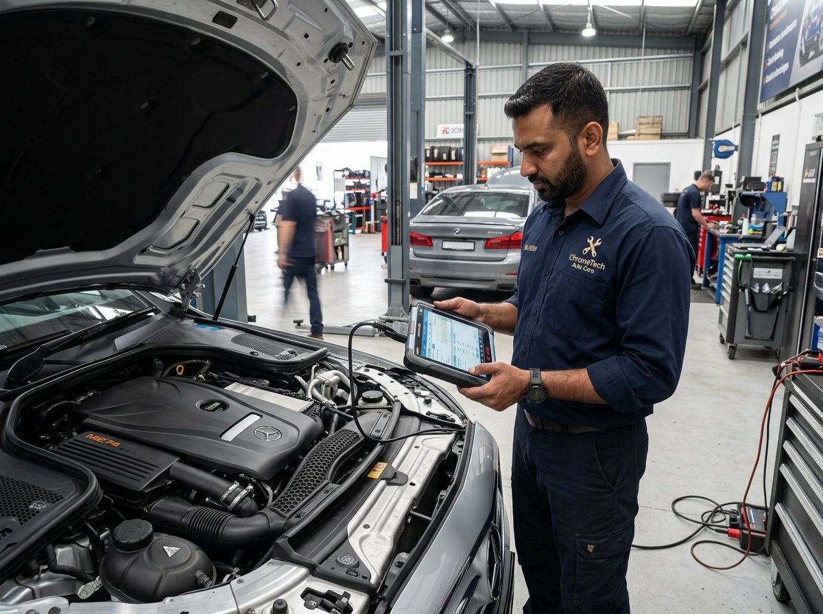 Mechanic Technician working on GMC Sierra Pickup Truck using Specialized Diagnostic Scanner Qatar