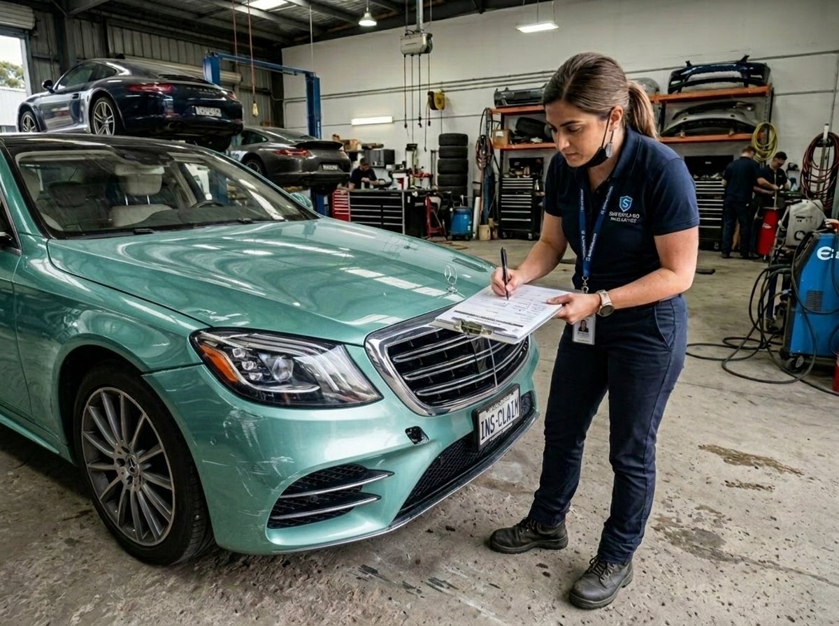 Indian female insurance claim surveyor assessing damaged metallic light teal Verde Silver Mercedes sedan in workshop Qatar ChromeTech