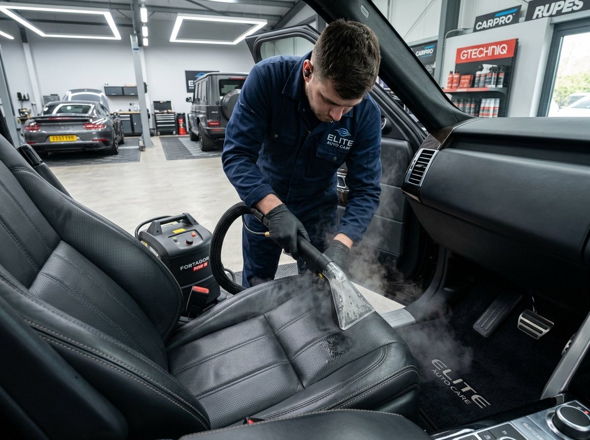 Detailer performing steam extraction interior deep cleaning on leather car seats Qatar ChromeTech