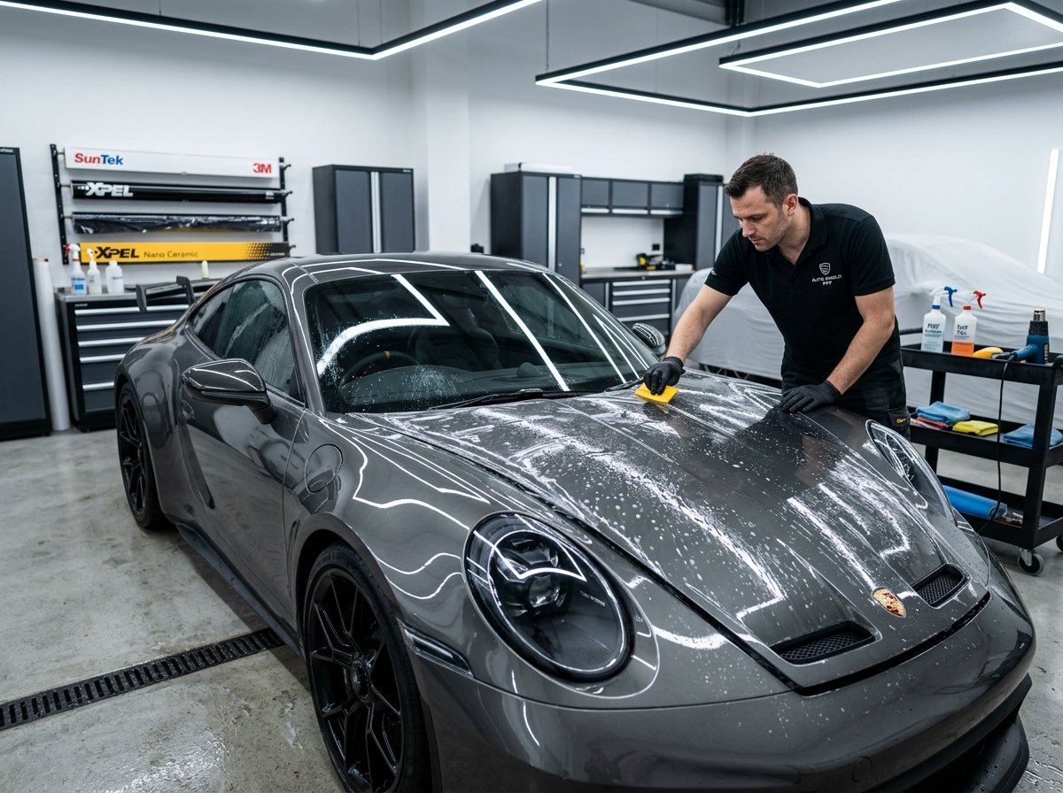 Technician applying Paint Protection Film PPF wrap and nano ceramic window tinting Qatar ChromeTech