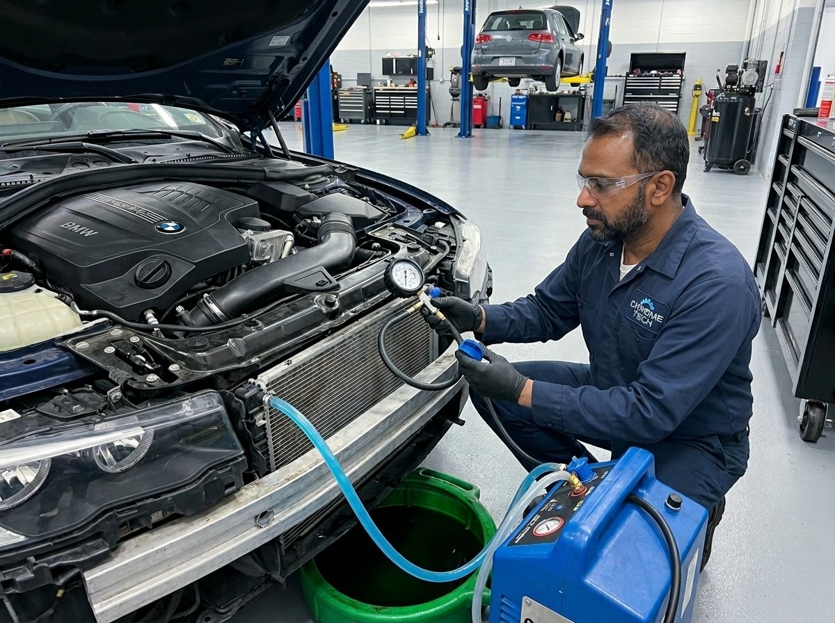 Indian Automotive Technician wearing ChromeTech Auto Care branded work uniform servicing engine radiator in Qatar workshop